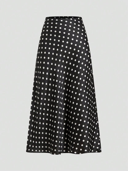 Polka Dot Satin A-Line Skirt Trendy Zip Midi Dress