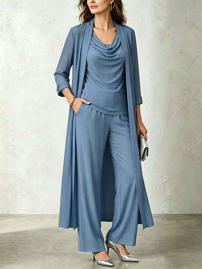 Women's 3 Piece Cowl Neck Long Cardigan Wide Leg Pants Set