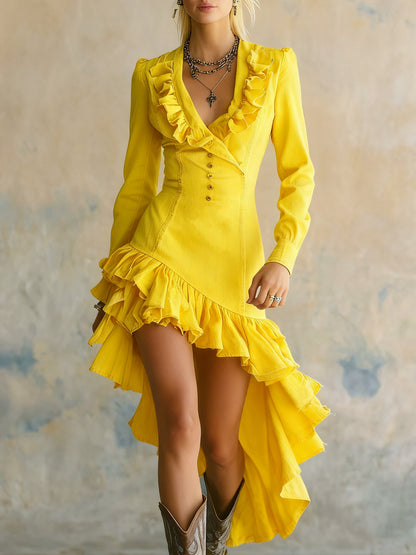 Western Ruffle Denim Dress Asymmetrical Hem