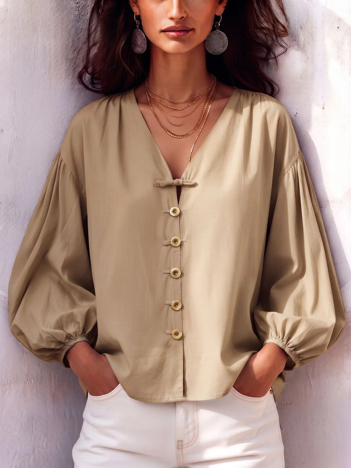 Women's V Neck Balloon Sleeve Button Front Blouse