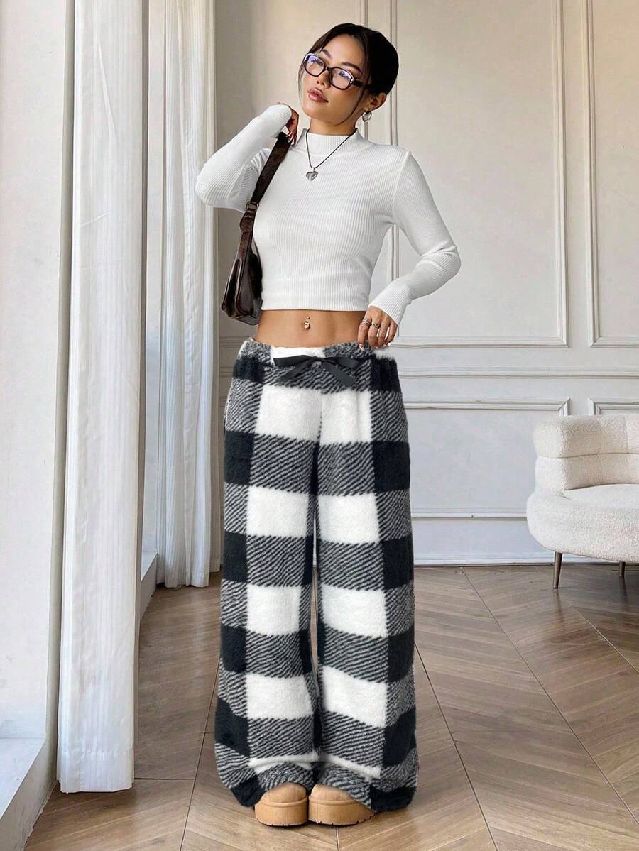 Women's Fuzzy Plaid Wide Leg Pants Drawstring Elastic Waist