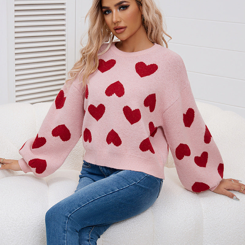 Valentine Heart Pattern Knit Pullover Sweater for Women