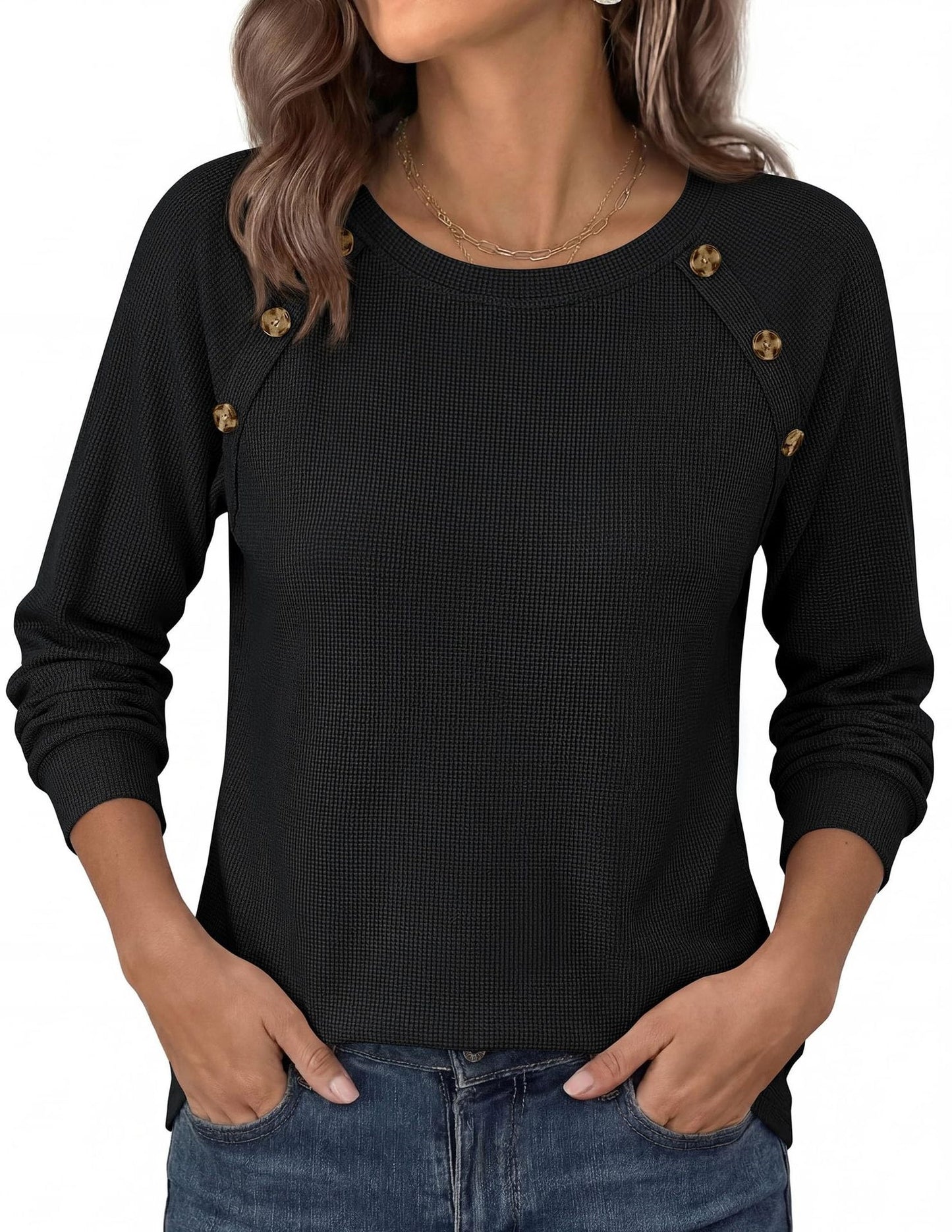 Waffle Knit Button Henley Top Crew Neck Long Sleeve Tee