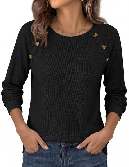 Waffle Knit Button Henley Top Crew Neck Long Sleeve Tee