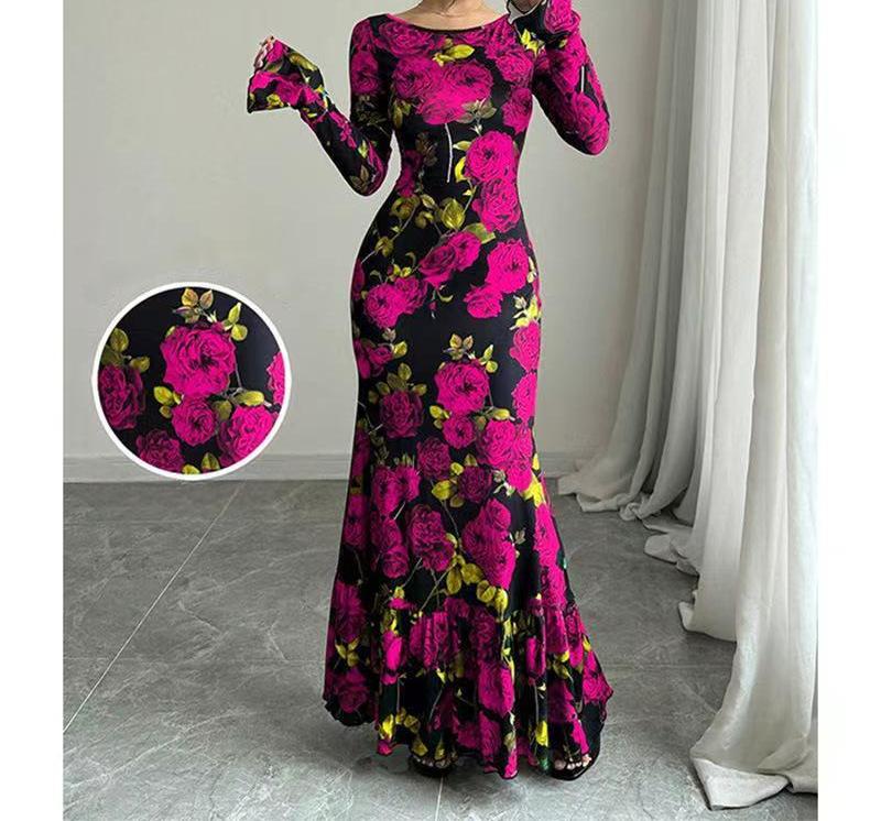 Women's Rose Print Bell Sleeve Bodycon Maxi Dress