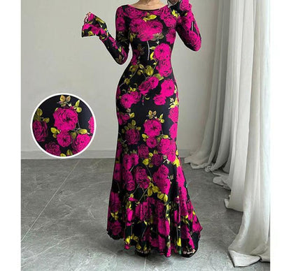 Women's Rose Print Bell Sleeve Bodycon Maxi Dress