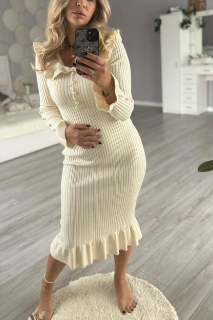 Ruffle Collar Colorblock Knit Bodycon Midi Dress Long Sleeve