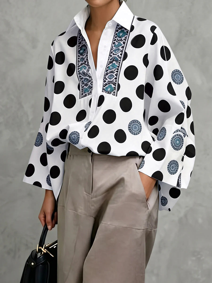Polka Dot Collared Blouse Long Sleeve Loose Fit