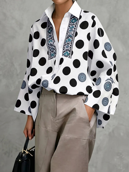 Polka Dot Collared Blouse Long Sleeve Loose Fit