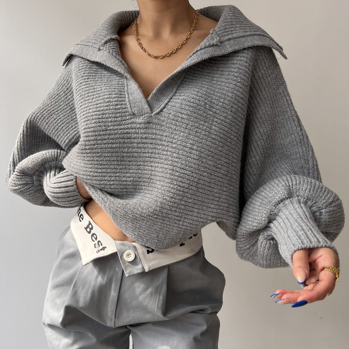 Oversized Collared V-Neck Knit Sweater Pullover