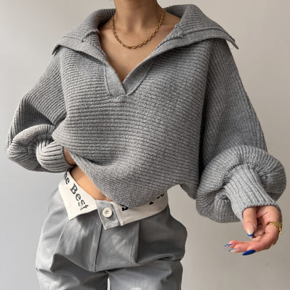 Oversized Collared V-Neck Knit Sweater Pullover