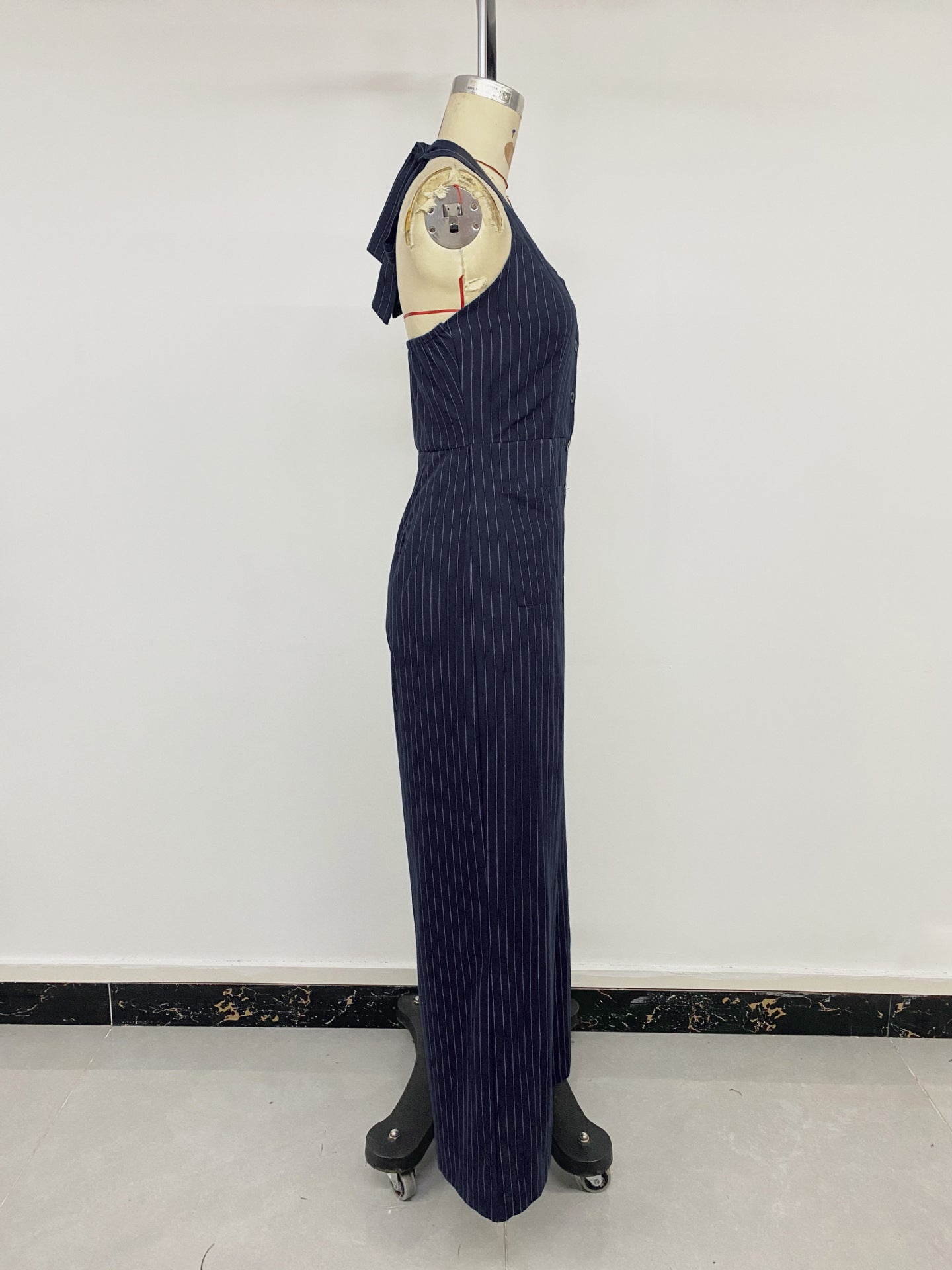 Striped Halter Backless Wide Leg Jumpsuit Office Chic