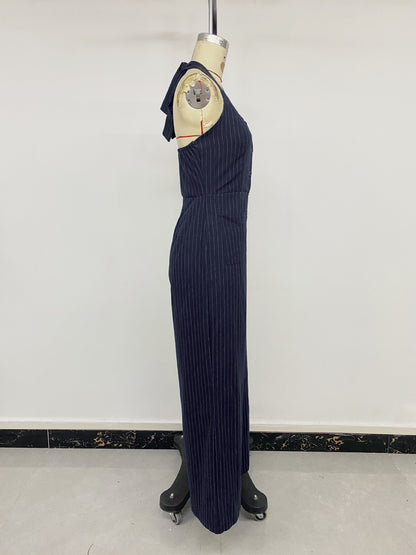 Striped Halter Backless Wide Leg Jumpsuit Office Chic
