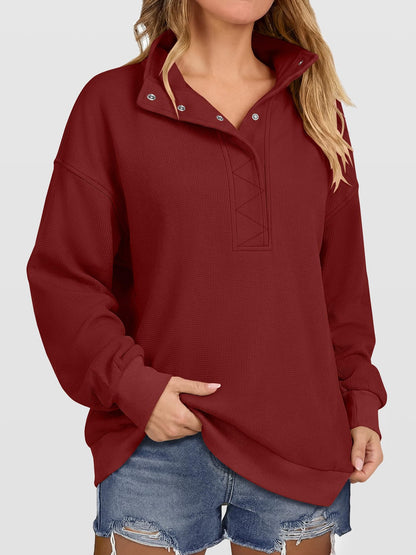 Women's Waffle Knit Oversized Button Pullover Sweatshirt