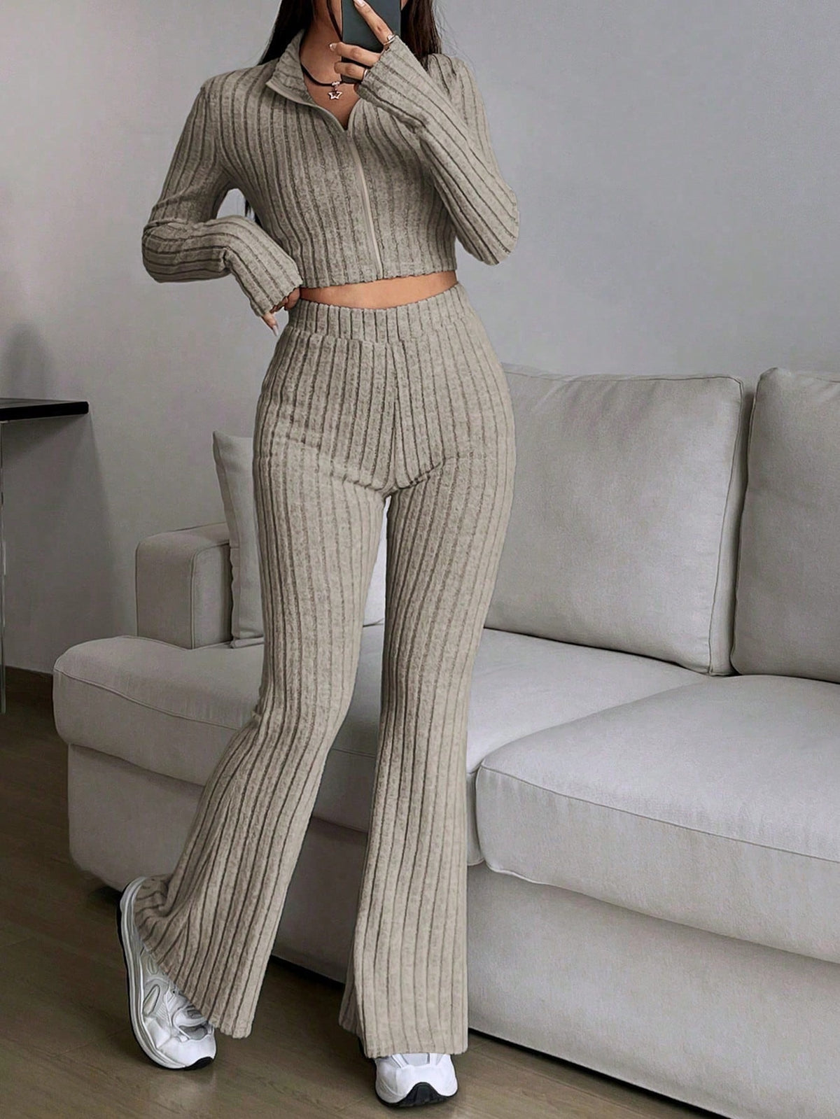 Women's Ribbed Zip Up Crop Top & High Waist Flare Pants Set