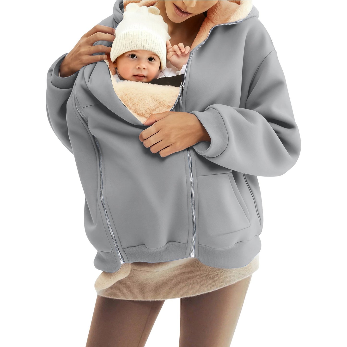 Women's Sherpa Baby Carrier Zip Up Hoodie Kangaroo Pocket