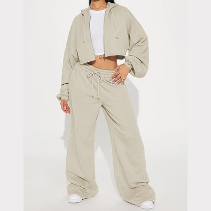 Women's Two Piece Crop Zip Hoodie Wide Leg Sweatpants Set