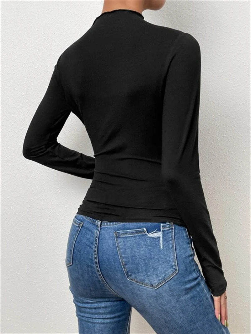 Women's Mock Neck Ruched Long Sleeve Fitted Top