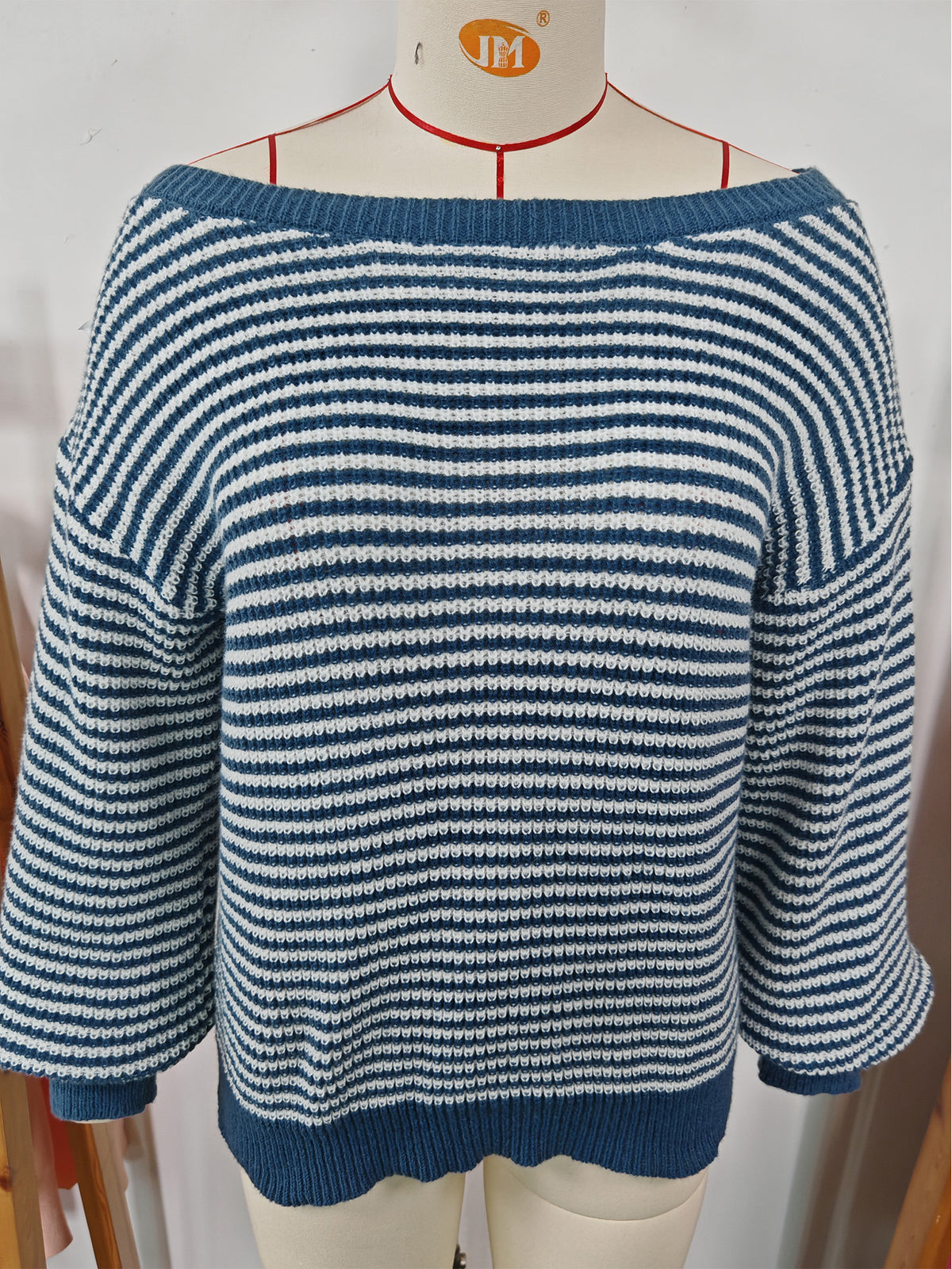 Women's Off Shoulder Striped Balloon Sleeve Sweater