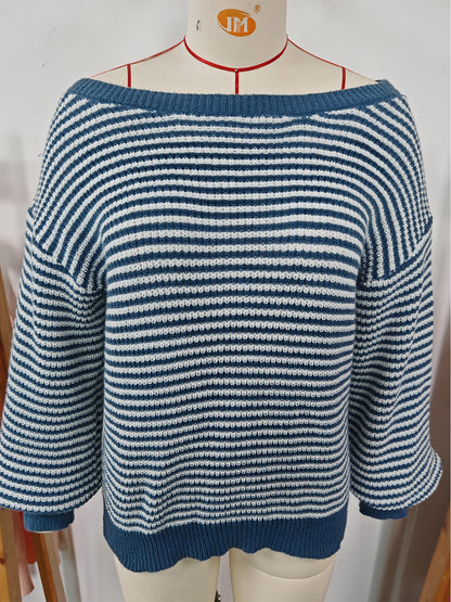 Women's Off Shoulder Striped Balloon Sleeve Sweater
