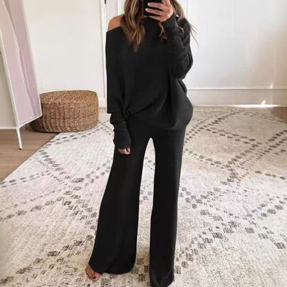 Women's Off Shoulder Oversized Knit Set Wide Leg Pants