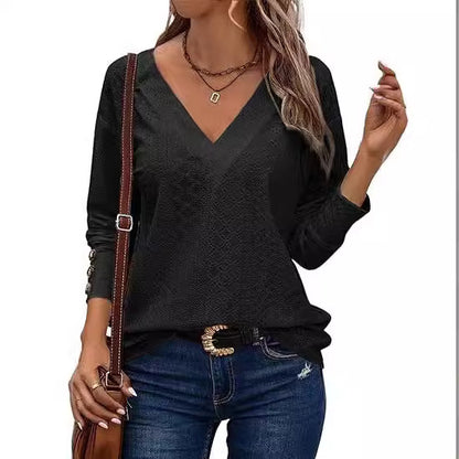Women's Loose V-Neck Eyelet Long Sleeve Blouse Top