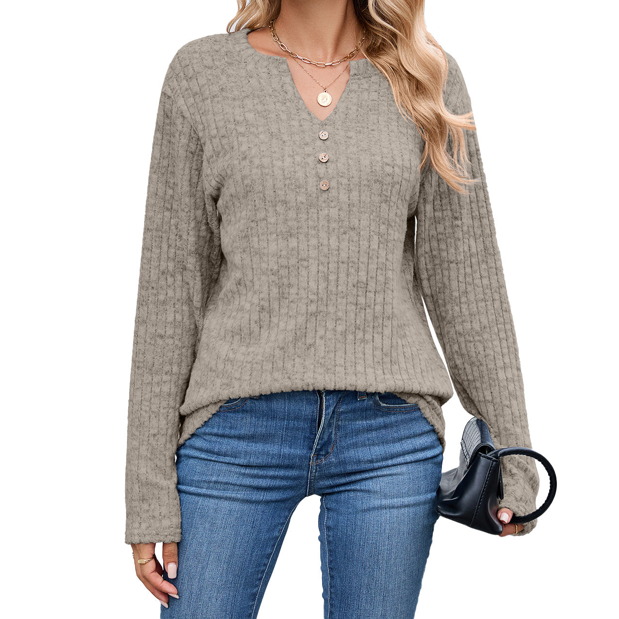 Women's Waffle Knit V Neck Button Long Sleeve Oversized Top