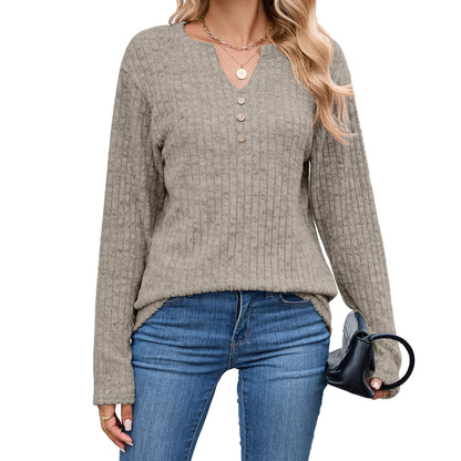 Women's Waffle Knit V Neck Button Long Sleeve Oversized Top