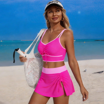 Solid Color Drawstring Bikini Set Sporty Swim Skirt Swimwear