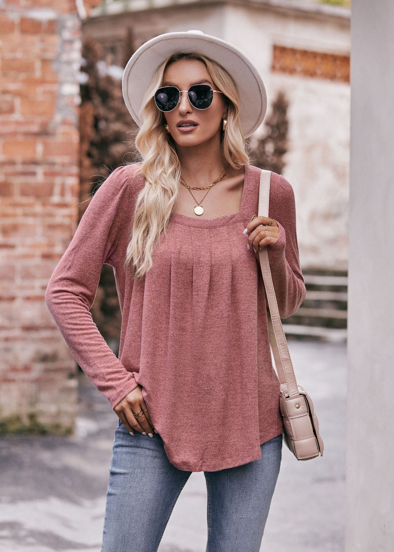 Square Neck Pleated Long Sleeve Top for Women