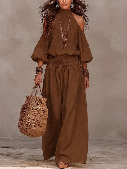 Women Cold Shoulder Smocked Waist Wide Leg Pants Set
