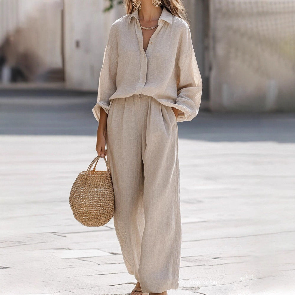 Women's Cotton 2 Piece Set Button Down Shirt Wide Leg Pants