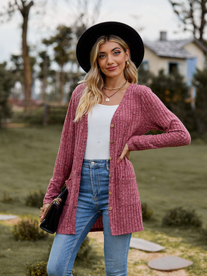 Ribbed Knit Cardigan Long Sleeve Button Pocket Sweater