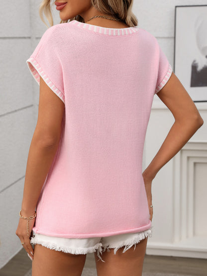 Striped V Neck Knit Top Short Sleeve Casual Sweater