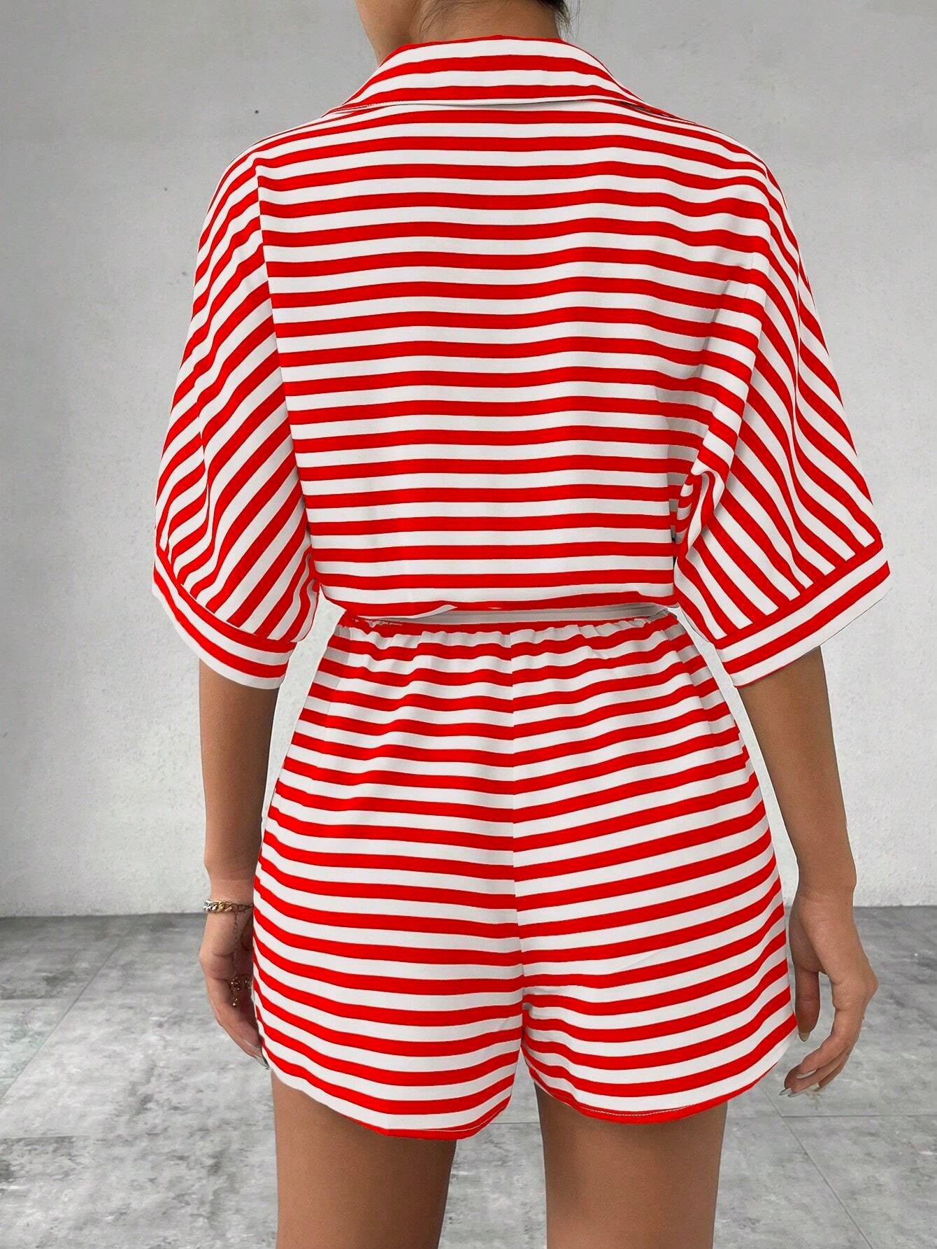 Striped Belted Button Down Romper with Half Sleeves