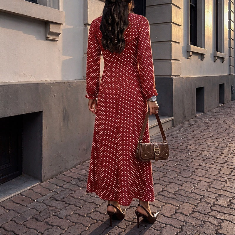 Red Polka Dot Square Neck Long Sleeve Maxi Dress