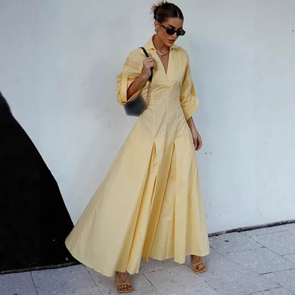 Cotton Shirt Maxi Dress Flowy Elegant Pockets