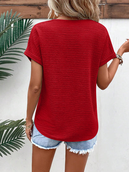 Textured V Neck Short Sleeve Top for Summer Women