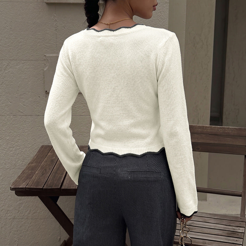 Contrast Scallop V Neck Knit Cropped Sweater