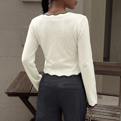 Contrast Scallop V Neck Knit Cropped Sweater