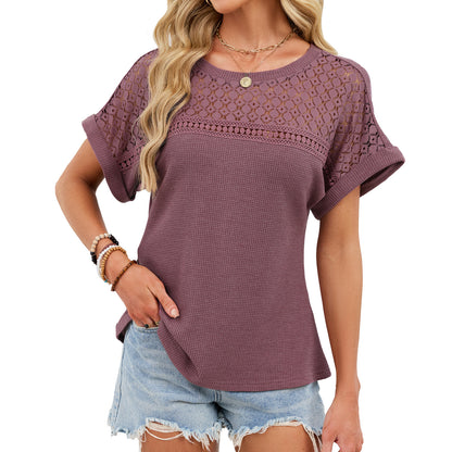 Crochet Lace Yoke Short Sleeve Waffle Knit Casual Top