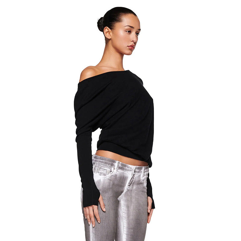 Black Off Shoulder Long Sleeve Loose Top Y2K Streetwear