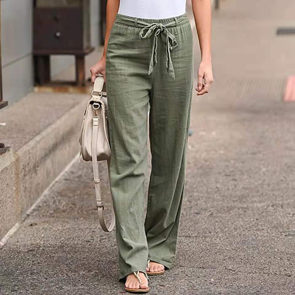 Women Linen Blend Wide Leg Pants Drawstring Elastic Waist