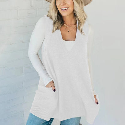Women's Oversized V-Neck Knit Sweater Vest with Pockets