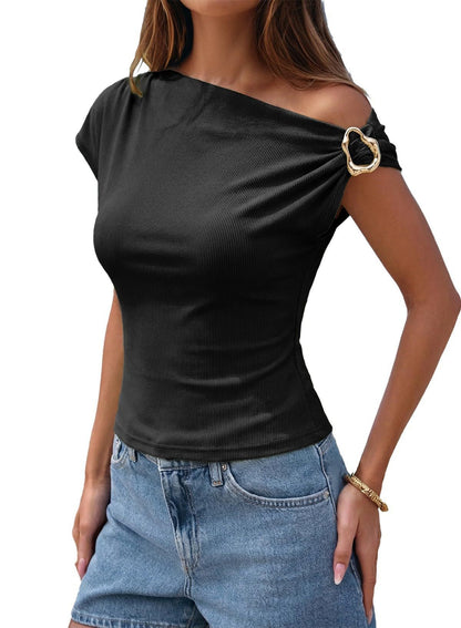 Ribbed One Shoulder Top Metal Buckle Slim Tee