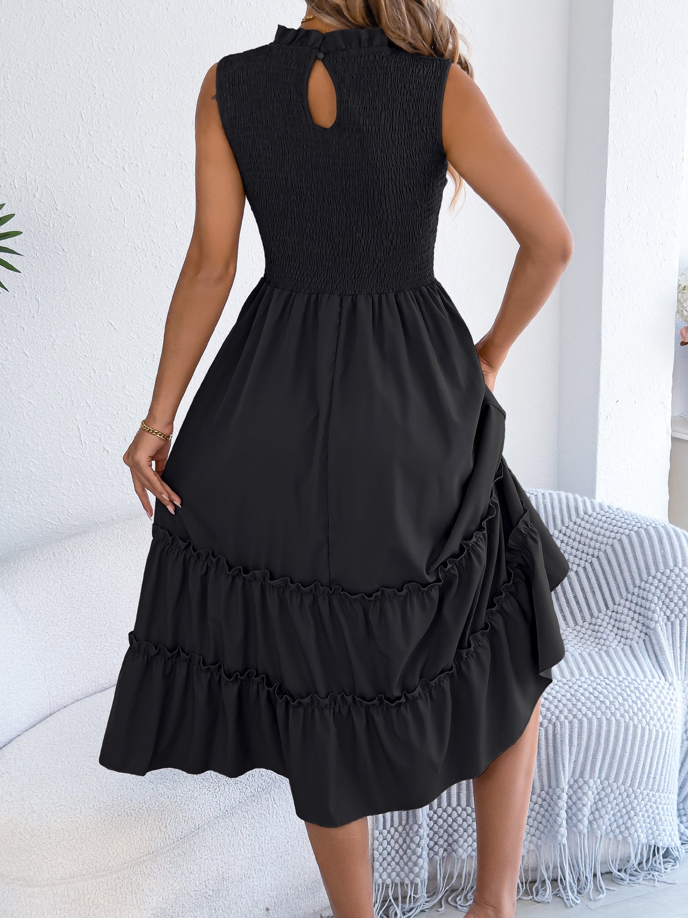 Smocked Sleeveless Ruffle Midi Dress Flowy Summer