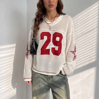 Women's Oversized Graphic Number Mesh Sweater Streetwear