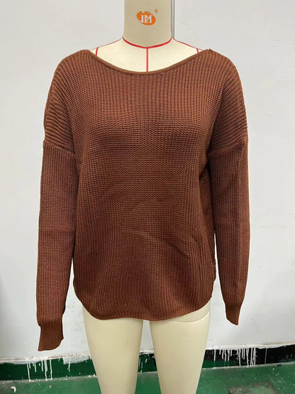 Women's One Shoulder V Neck Knit Sweater Long Sleeve