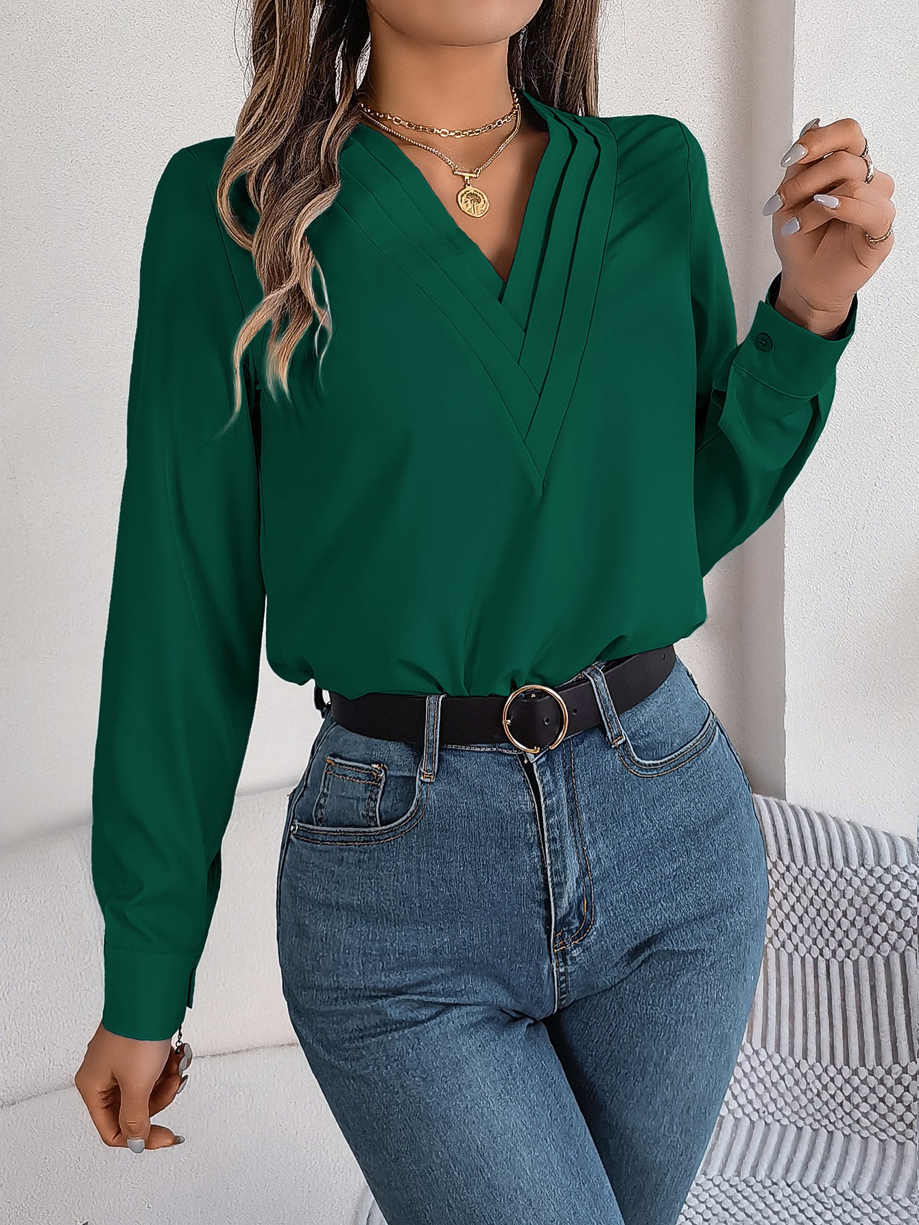 Elegant Layered V-Neck Long Sleeve Blouse – 2025 Fall/Winter