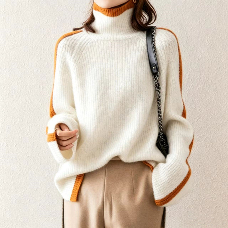 Oversized Chunky Turtleneck Sweater Color Block Pullover